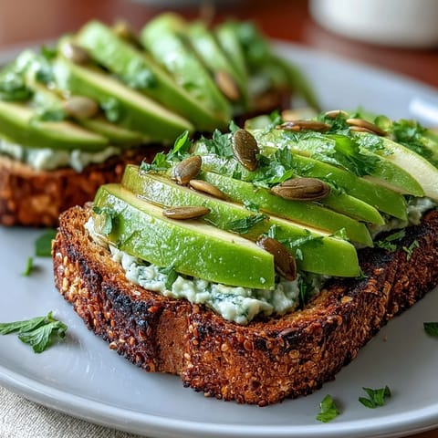 Avocado and green apple breakfast toast with pumpkin seeds on whole grain bread, topped with fresh herbs.  