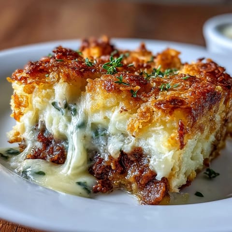 Hearty Funeral Potatoes Shepherds Pie Mash-Up with creamy mashed potatoes and savory meat filling baked to golden perfection.
