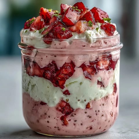 Creamy overnight oats with strawberries and matcha, served in glass jars for a refreshing, make-ahead breakfast.