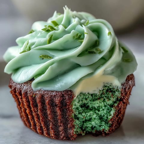 Delicious green velvet cupcakes with creamy vanilla frosting, perfect for a festive St. Patricks Day dessert celebration.