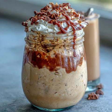 Creamy vanilla bean frappuccino overnight oats layered in a jar with whipped cream and chocolate shavings for a dreamy breakfast treat.
