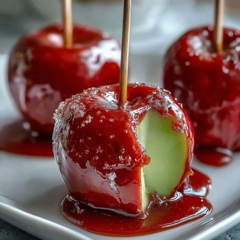 A glossy red candy coating glistens on tart Granny Smith apples, creating a vibrant and festive dessert.