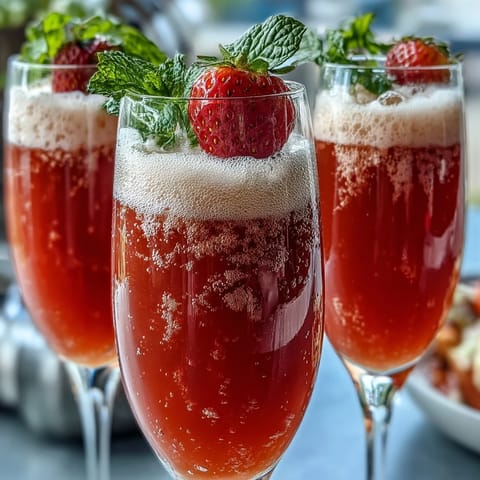 Bright, bubbly strawberry mimosa mocktail featuring vibrant fruit and citrus, perfect for alcohol-free celebrations.