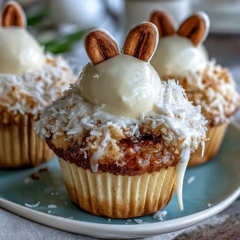 Fluffy Easter cupcakes with coconut frosting and marshmallow bunny tails, perfect for springtime celebrations and kids' parties.