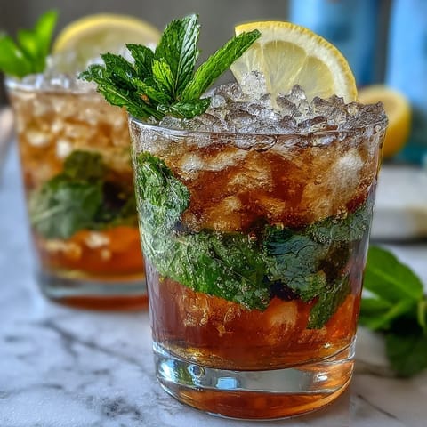Refreshing mini mint julep mocktails with crushed ice, fresh mint, and a hint of lemon, served in classic silver cups for a festive Derby Day treat.