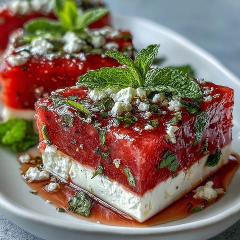 Fresh watermelon feta skewers with mint, a vibrant and refreshing summer appetizer on wooden sticks.  