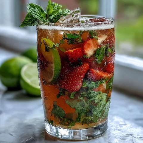 Refreshing virgin mojito pitcher filled with fresh mint, lime slices, and juicy strawberries, perfect for spring parties.