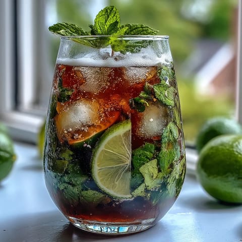 Vibrant alcohol-free mojito pitcher with muddled mint, lime, and berries, served over ice for a cool, crisp drink.
