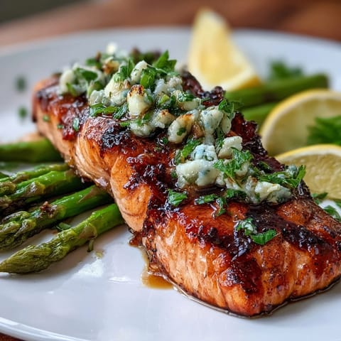 Garlic Butter Salmon with Asparagus, golden salmon fillets nestled beside vibrant green asparagus spears, drizzled in rich garlic butter sauce.