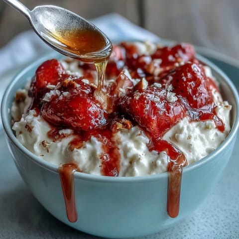 A creamy Greek yogurt bowl topped with warm, glossy strawberry compote and crunchy nuts.