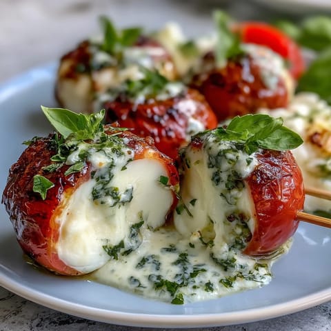 Fresh Caprese skewers with cherry tomatoes, mozzarella, and basil, drizzled with vibrant homemade pesto for a perfect summer appetizer.