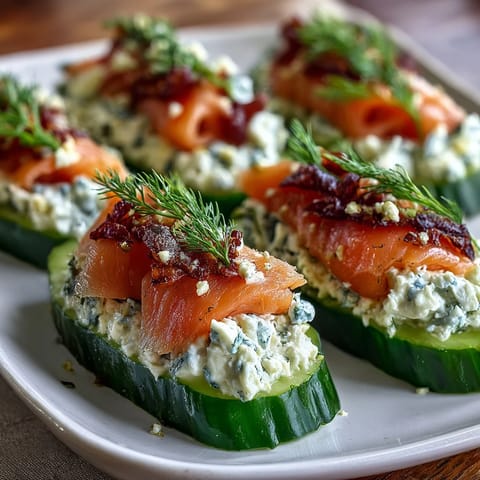 Cucumber bites with cream cheese and smoked salmon, arranged on a platter with dill and capers.