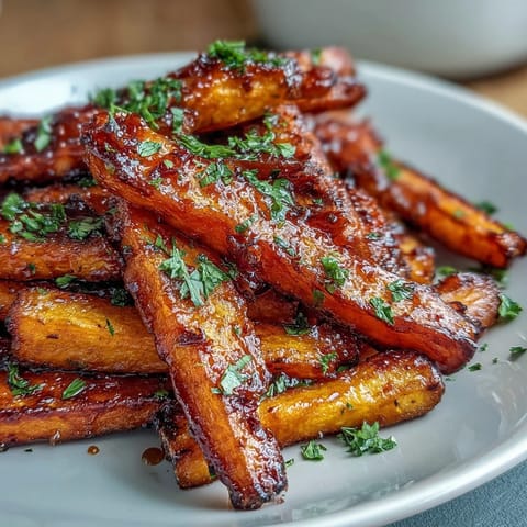 Honey roasted carrots and parsnips with golden glaze, tender and caramelized, served on a rustic baking tray.