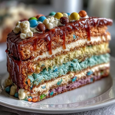 Vibrant rainbow piñata cake with colorful layers and a hidden candy surprise inside, perfect for festive celebrations.