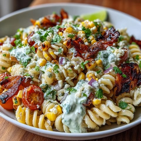 Vibrant Mexican street corn elote pasta salad with charred corn, cotija cheese, and zesty lime dressing in a colorful bowl.
