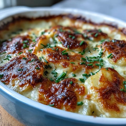 Creamy Au Gratin Potatoes baked until golden, bubbling with Gruyère and Parmesan in a rich cream sauce.