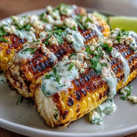 Grilled corn elote style with creamy sauce, Cotija cheese, and chili, served on a rustic wooden board.