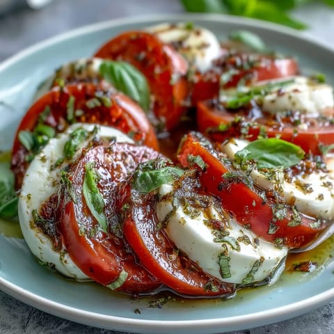 Vibrant Caprese salad with basil oil drizzle, featuring ripe tomatoes and creamy mozzarella on a white platter.