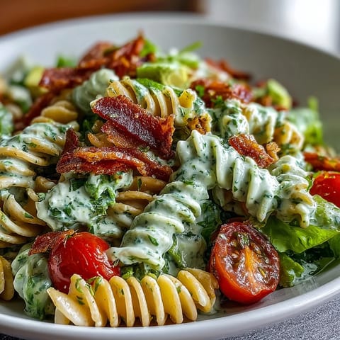 Vibrant BLT pasta salad with crispy bacon, fresh lettuce, and creamy avocado ranch dressing, perfect for summer gatherings.