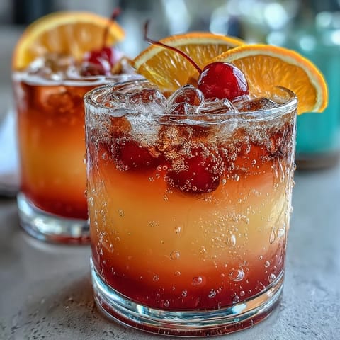 Vibrant ombre sunrise mocktail with grenadine, orange juice, and pineapple juice creating a stunning sunrise gradient effect.