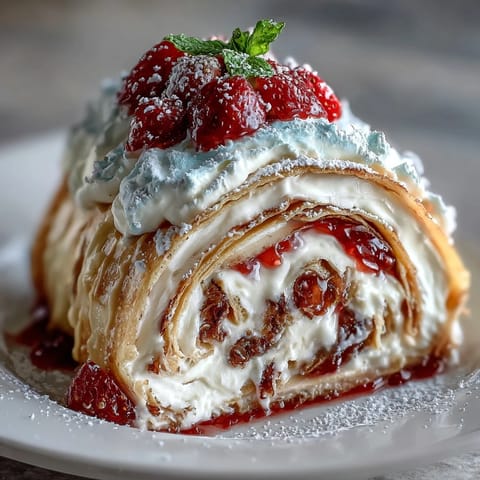 Beautiful crepe roll cake layered with fresh berries and whipped cream, ready to impress at any gathering.