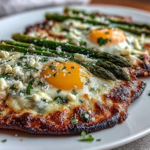 Thin flatbread topped with tender asparagus, runny egg, and parmesan, perfect for a light vegetarian dinner.  
