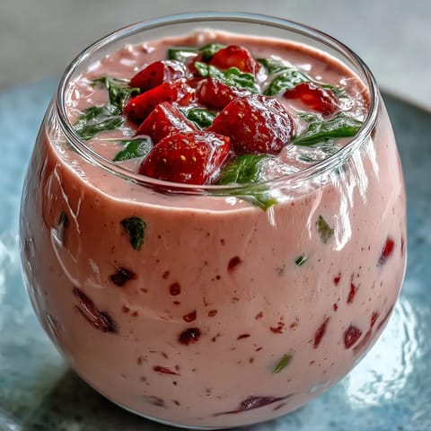 A refreshing strawberry spinach smoothie with vibrant red berries and green spinach blended until creamy.  