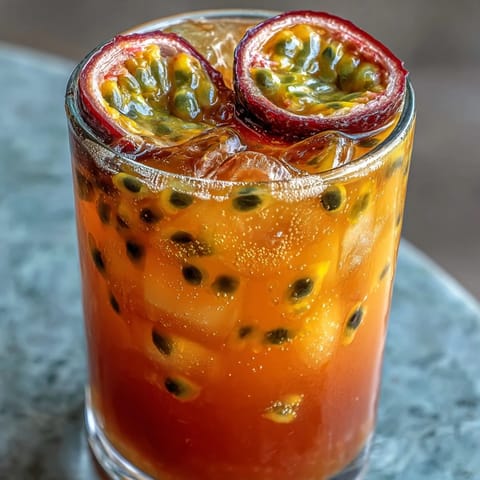 Vibrant tropical sunrise mocktail with passionfruit and orange, layered in tall glasses for a stunning visual effect.