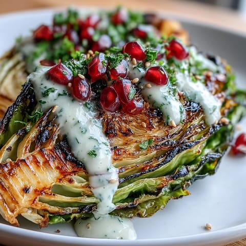 Smoky grilled cabbage wedges drizzled with creamy tahini sauce, fresh parsley, and pomegranate seeds for a vibrant vegan side dish.