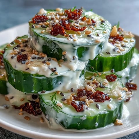 TikTok Cucumber Salad with Everything Bagel Dressing - Crisp cucumbers tossed in creamy dressing and sprinkled with savory everything bagel seasoning for a refreshing bite.
