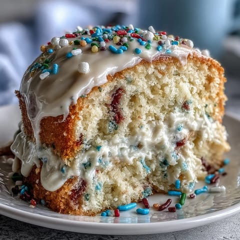 Vibrant Spring Birthday Party Sprinkle Funfetti Dip Cake with creamy layers and colorful rainbow sprinkles on top.  