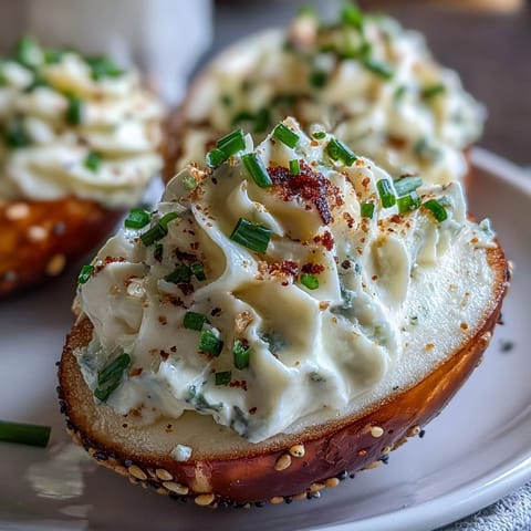 Everything bagel deviled eggs with tangy cream cheese filling, garnished with bold seasoning and vibrant herbs.