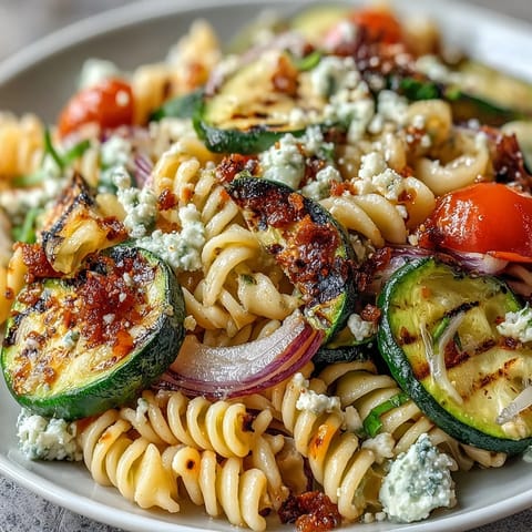 A colorful pasta salad with smoky grilled zucchini, sweet corn, and crumbled Cotija cheese, tossed in zesty lime dressing.  