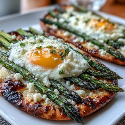 Crispy asparagus and egg flatbread with parmesan, baked to golden perfection for a delicious brunch.  