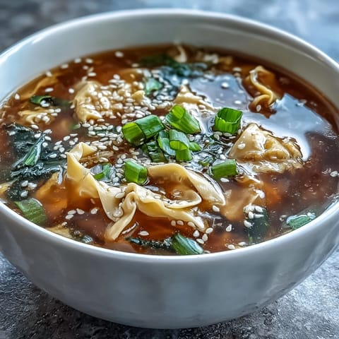 A steaming bowl of homemade egg drop soup with delicate egg ribbons in savory broth, garnished with fresh scallions.