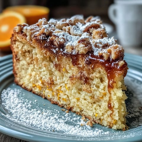 A golden whole orange cake with a moist crumb and vibrant citrus aroma, dusted with powdered sugar.  