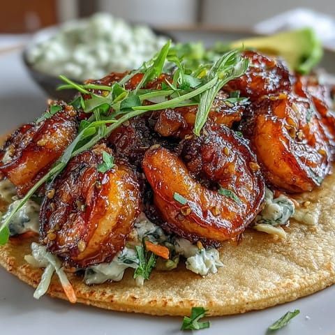 Platter of honey garlic shrimp tacos topped with crunchy red cabbage slaw and creamy lime crema, garnished with fresh cilantro and lime wedges.  