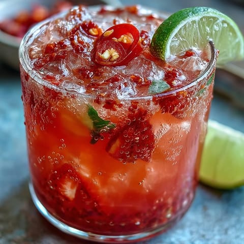 Vibrant strawberry chili limeade mocktail with fresh mint and a hint of spice.