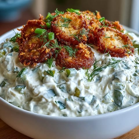 Tangy cream cheese and ranch dip, adorned with crunchy fried pickle slices.