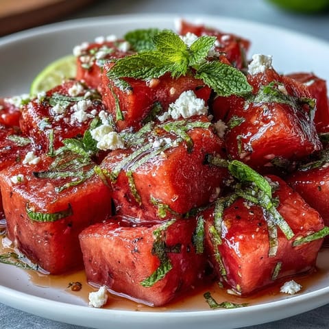 Vibrant Fricy Watermelon Chili Lime Salad with Mint, a cool, spicy, minty summer delight.