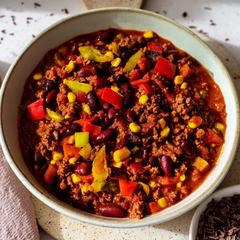 A close-up of One-Pot Cozy Chocolate Chili shows a hearty, flavorful dish with beans and spices ready to eat.