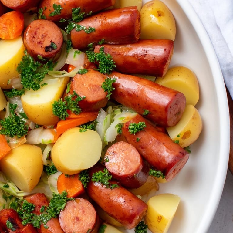 Golden potatoes and kielbasa combine to create this flavorful Rustic Flint-Style Skillet Plate, served with mustard.