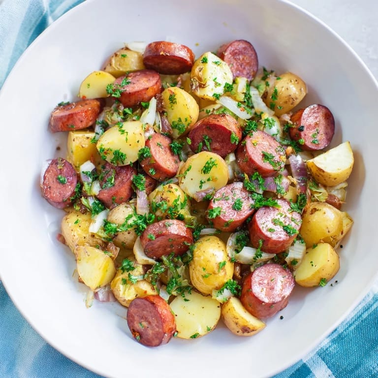 A beautifully browned Rustic Flint-Style Skillet Plate of kielbasa and cabbage, perfect comfort food for dinner.