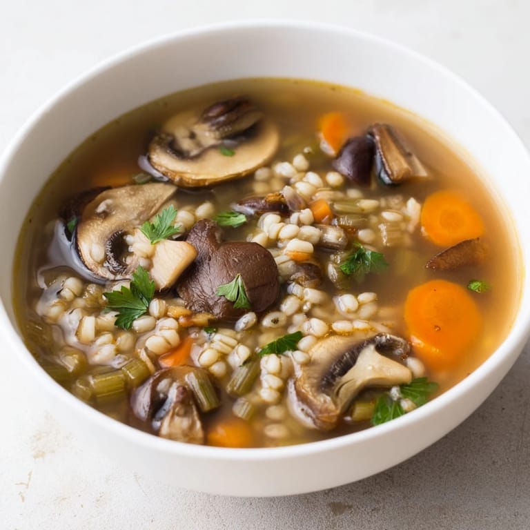 A rich, earthy close-up of Wild Mushroom and Barley Soup, showcasing tender barley and hearty mushrooms.