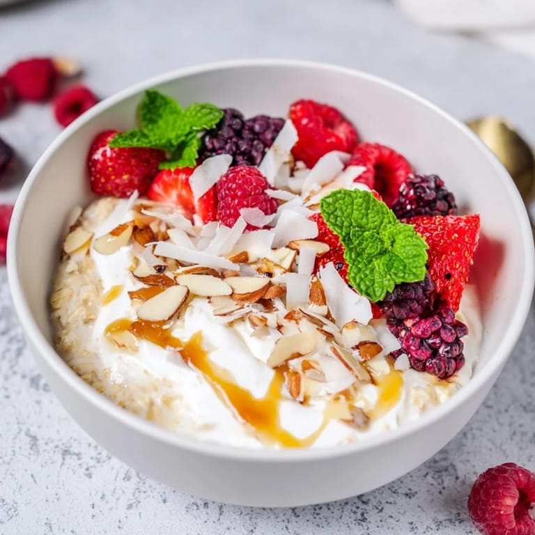 A beautiful bowl of overnight oats with berries and honey, showcasing vibrant ruby and purple colors ready to eat.
