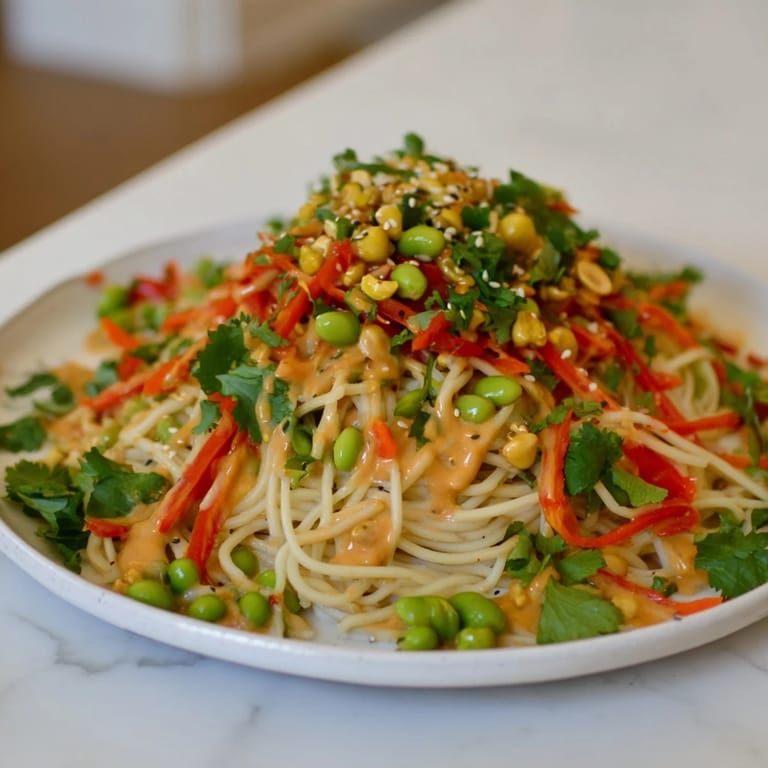 Enjoy a refreshing bowl of Spicy Peanut Noodle Salad with peanuts and sesame seeds; a perfect vegetarian dinner.
