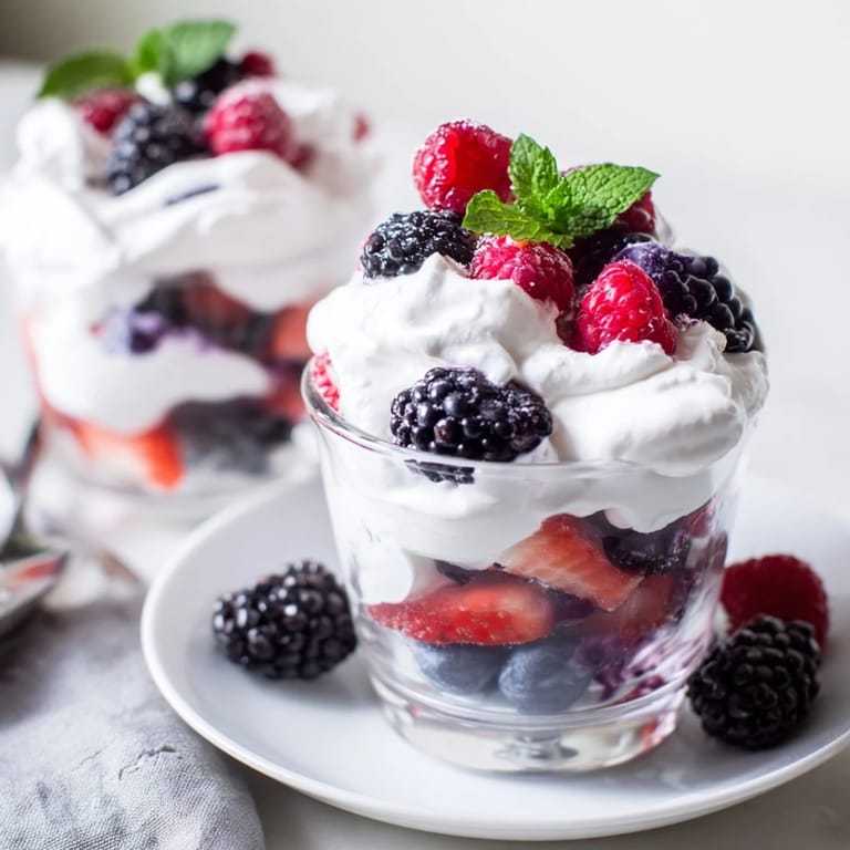 This berry parfait shows sweet red berries and a fluffy whipped topping, perfect for any occasion.