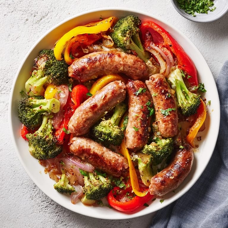 Golden-brown Simple Rustic Sheet-Pan Sausage alongside vibrant bell peppers and broccoli, ready to serve on a sheet pan.