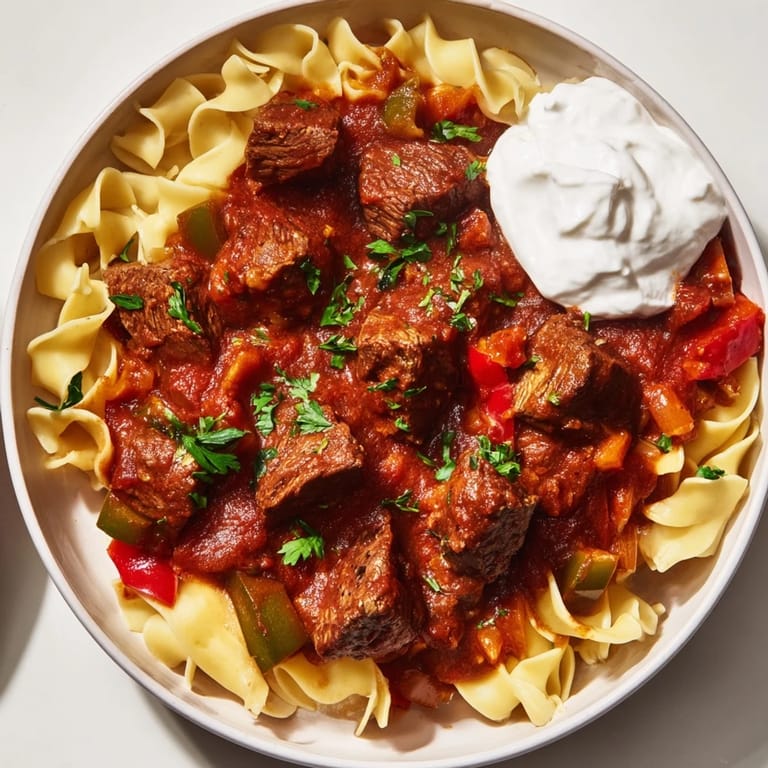 A hearty bowl of Hungarian Goulash, the stew's savory sauce coating the tender beef and noodles.