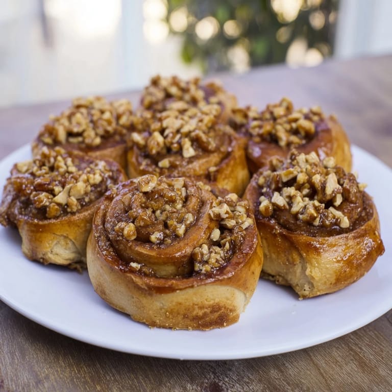 Warm maple pecan sticky buns dripping with glaze, showcasing layers of cinnamon and chopped pecans.